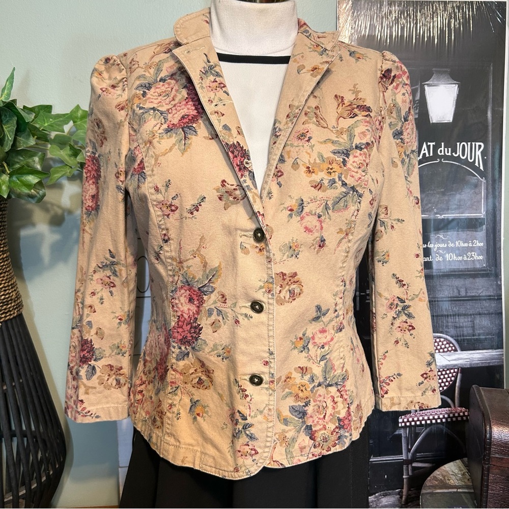 Chaps Denim Tan Multicolor Floral Puff Shoulder Jacket